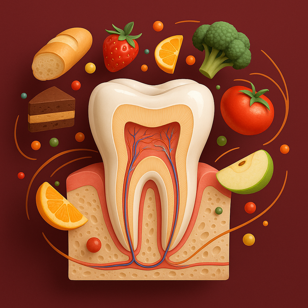 Ilustración 3D de diente y alimentos saludables sobre fondo granate