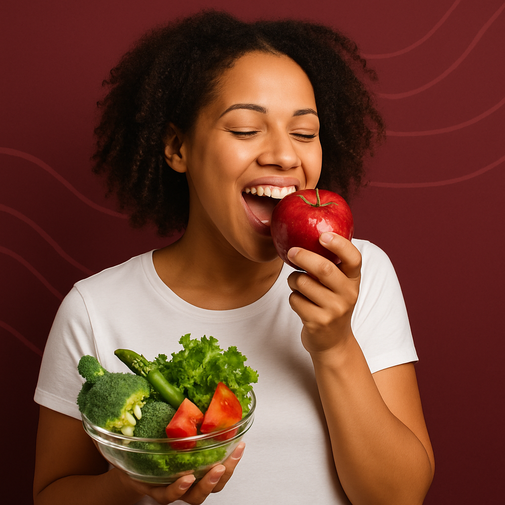 Mujer comiendo manzana roja con ensalada de verduras, fondo granate