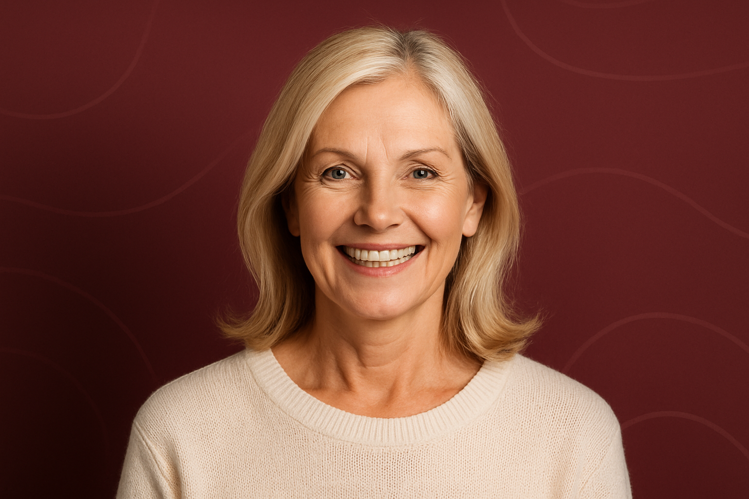 Mujer sonriendo con implantes dentales sobre fondo granate
