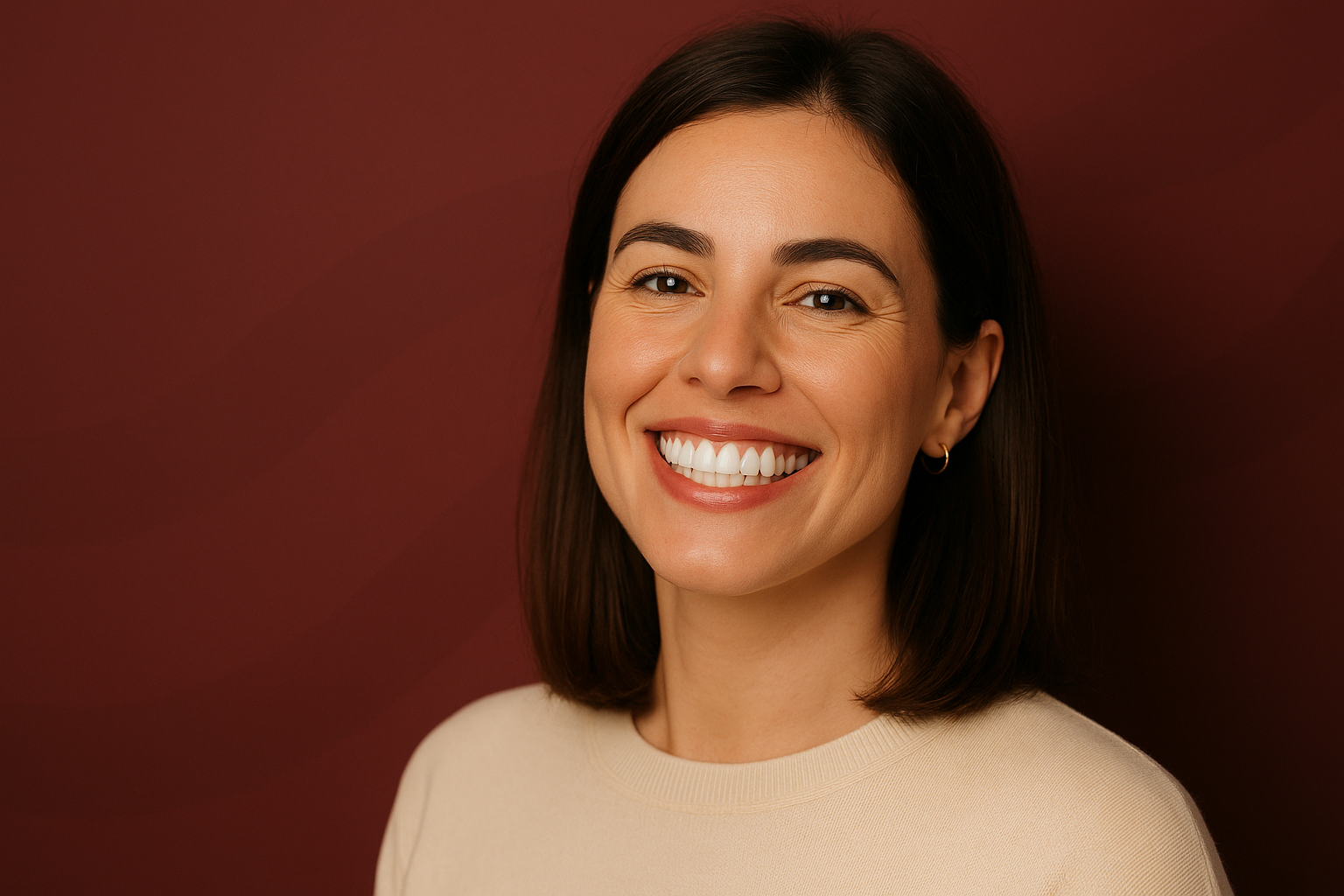 Persona sonriendo con implantes de zirconio sobre fondo granate