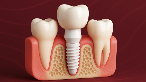 Ilustración 3D de implante de zirconio integrándose con hueso y encía sobre fondo granate