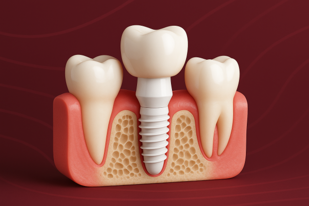 Ilustración 3D de implante de zirconio integrándose con hueso y encía sobre fondo granate