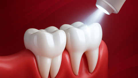 Ilustración 3D de blanqueamiento dental con luz en dientes sobre fondo rojo