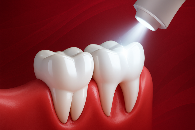 Ilustración 3D de blanqueamiento dental con luz en dientes sobre fondo rojo