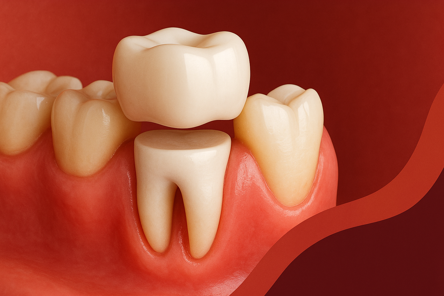 Ilustración 3D de corona dental para prótesis fija sobre diente, con colores rojos y marfil
