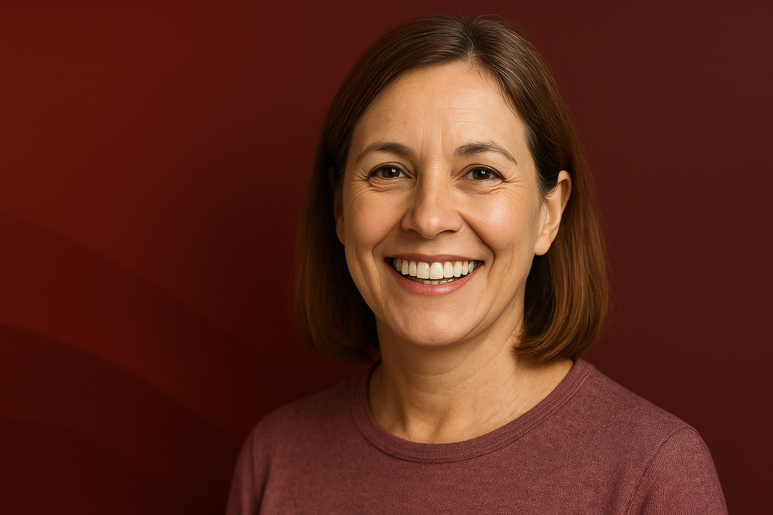 Mujer sonriendo con prótesis dental fija con fondo granate